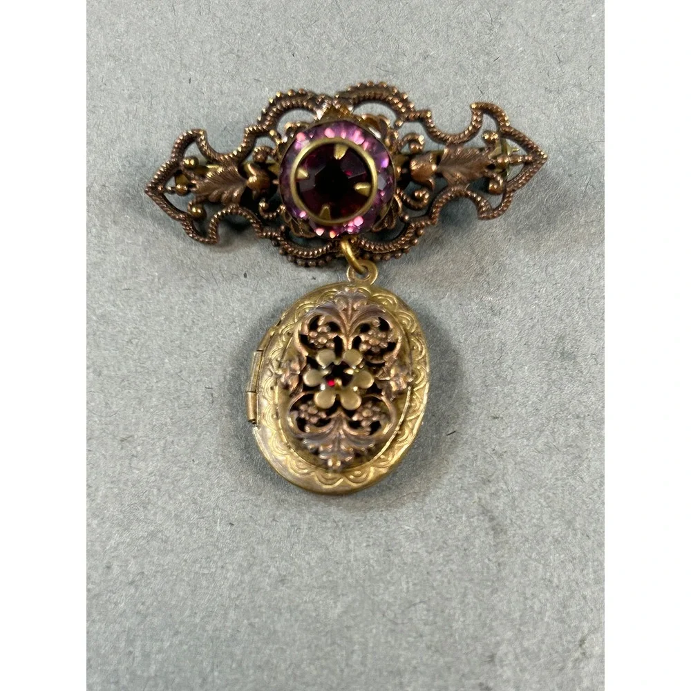 Liz Palacios SF Vintage Style Brass Locket Brooch Purple Red Crystal Pin
